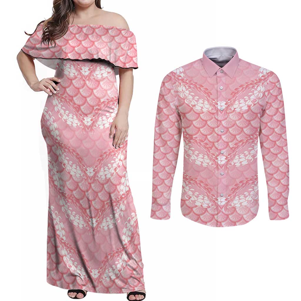 Soft Pink Mermaid Puakenikeni Maile Lei Couples Matching Off Shoulder Maxi Dress and Long Sleeve Button Shirt
