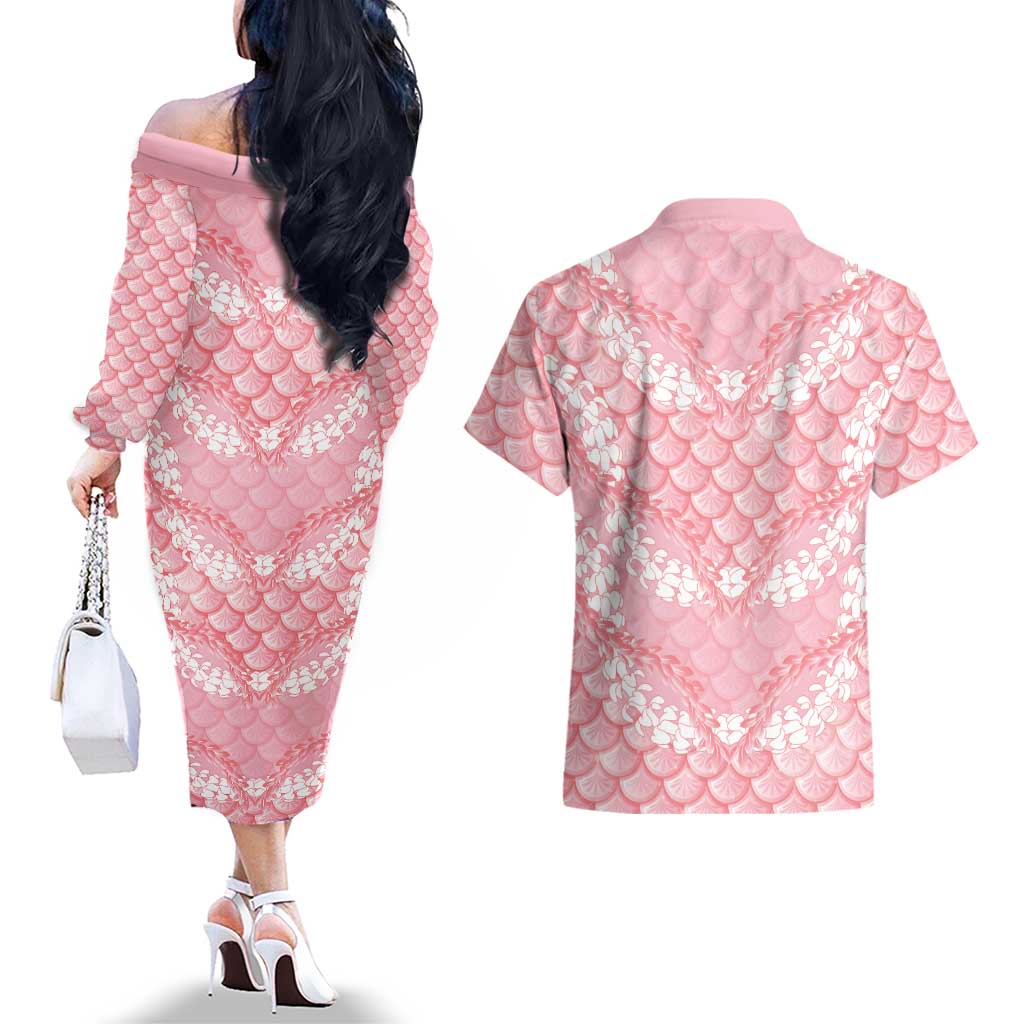 Soft Pink Mermaid Puakenikeni Maile Lei Couples Matching Off The Shoulder Long Sleeve Dress and Hawaiian Shirt