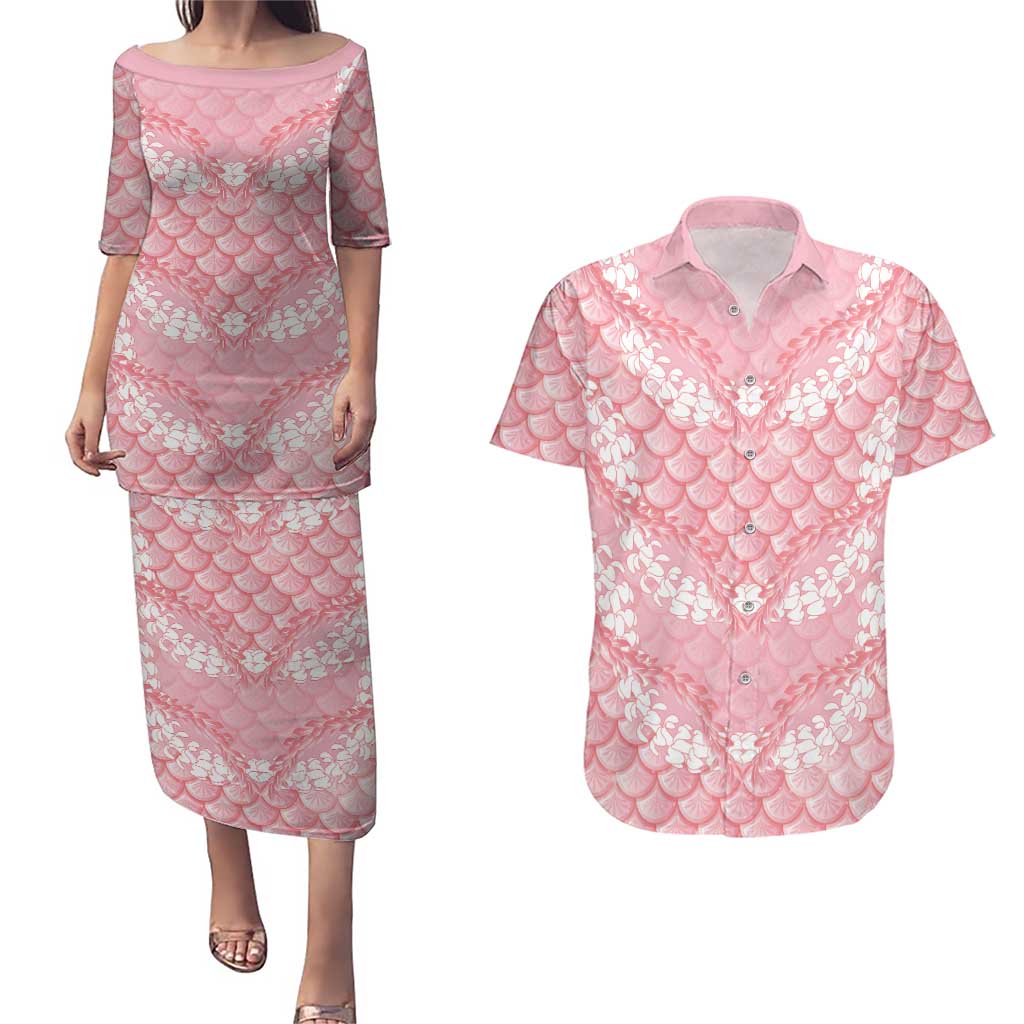 Soft Pink Mermaid Puakenikeni Maile Lei Couples Matching Puletasi and Hawaiian Shirt