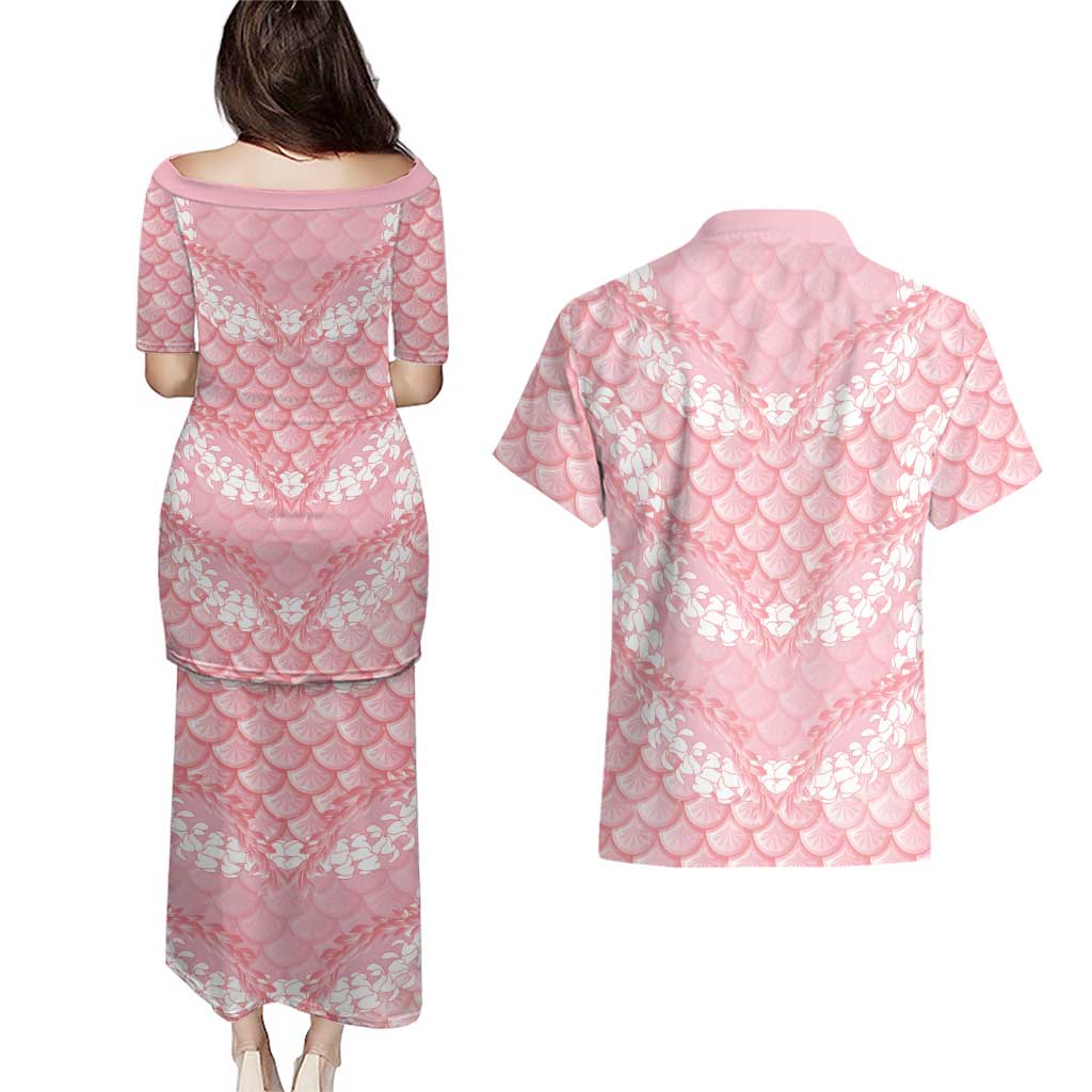 Soft Pink Mermaid Puakenikeni Maile Lei Couples Matching Puletasi and Hawaiian Shirt LT01 - Polynesian Pride