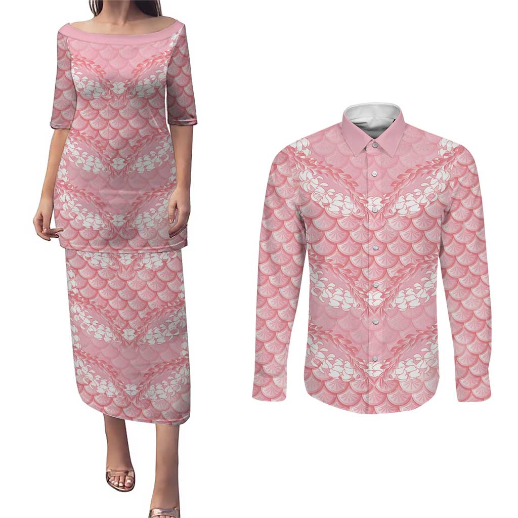 Soft Pink Mermaid Puakenikeni Maile Lei Couples Matching Puletasi and Long Sleeve Button Shirt LT01 Pink - Polynesian Pride