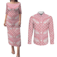 Soft Pink Mermaid Puakenikeni Maile Lei Couples Matching Puletasi and Long Sleeve Button Shirt LT01 Pink - Polynesian Pride