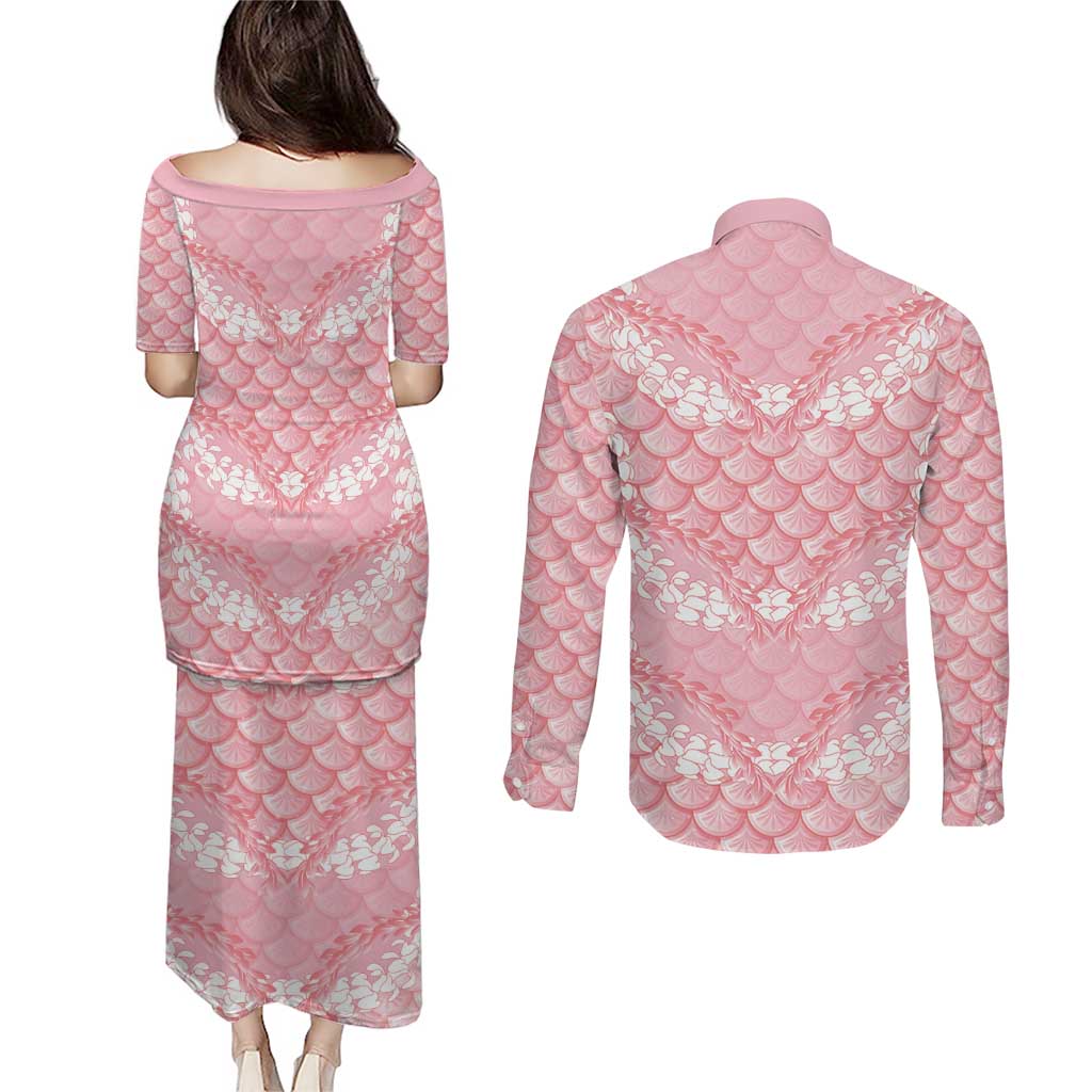 Soft Pink Mermaid Puakenikeni Maile Lei Couples Matching Puletasi and Long Sleeve Button Shirt LT01 - Polynesian Pride