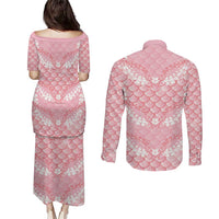 Soft Pink Mermaid Puakenikeni Maile Lei Couples Matching Puletasi and Long Sleeve Button Shirt LT01 - Polynesian Pride