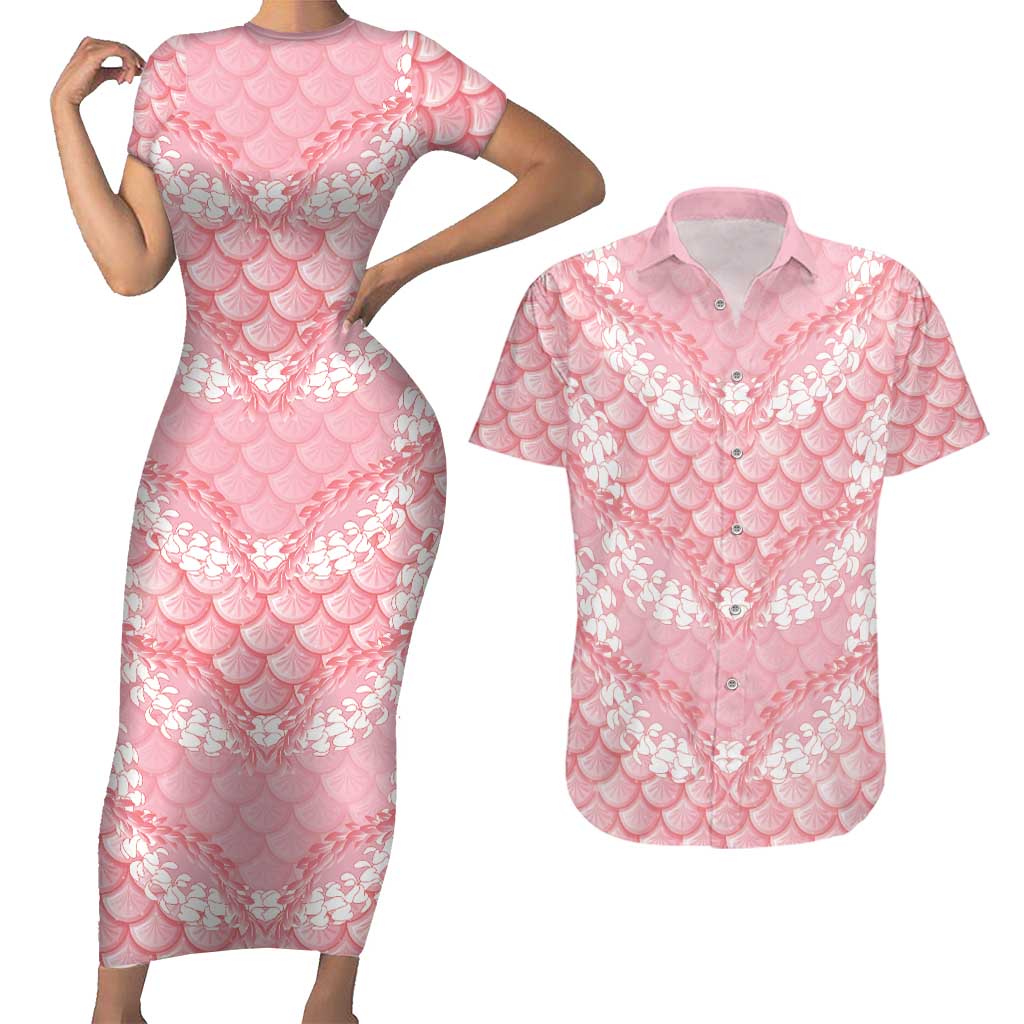 Soft Pink Mermaid Puakenikeni Maile Lei Couples Matching Short Sleeve Bodycon Dress and Hawaiian Shirt