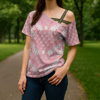 Soft Pink Mermaid Puakenikeni Maile Lei Cross Shoulder Shirt LT01 - Polynesian Pride