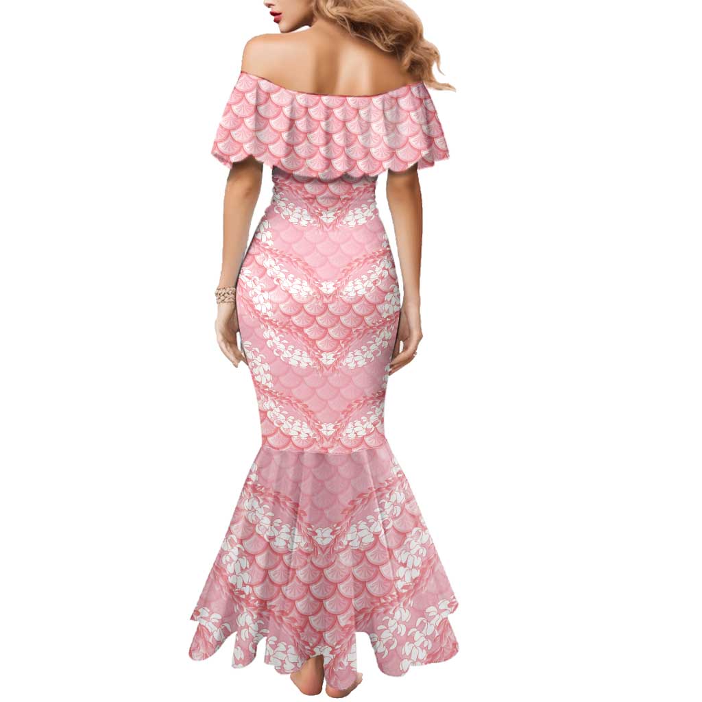 Soft Pink Mermaid Puakenikeni Maile Lei Family Matching Mermaid Dress and Hawaiian Shirt