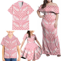Soft Pink Mermaid Puakenikeni Maile Lei Family Matching Off Shoulder Maxi Dress and Hawaiian Shirt