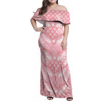 Soft Pink Mermaid Puakenikeni Maile Lei Family Matching Off Shoulder Maxi Dress and Hawaiian Shirt