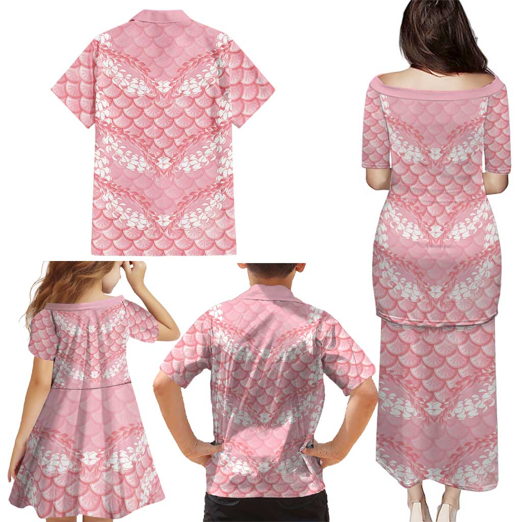 Soft Pink Mermaid Puakenikeni Maile Lei Family Matching Puletasi and Hawaiian Shirt