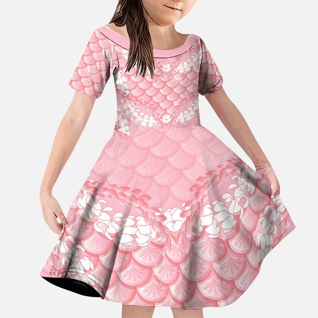 Soft Pink Mermaid Puakenikeni Maile Lei Family Matching Short Sleeve Bodycon Dress and Hawaiian Shirt