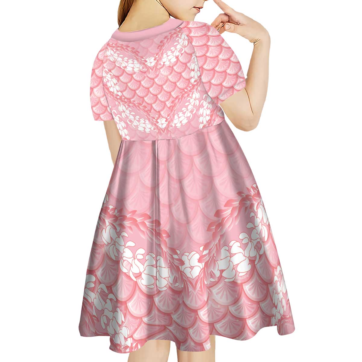 Soft Pink Mermaid Puakenikeni Maile Lei Kid Short Sleeve Dress LT01 - Polynesian Pride