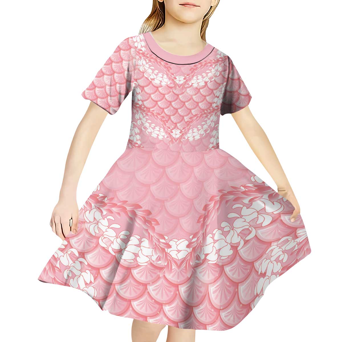 Soft Pink Mermaid Puakenikeni Maile Lei Kid Short Sleeve Dress LT01 - Polynesian Pride
