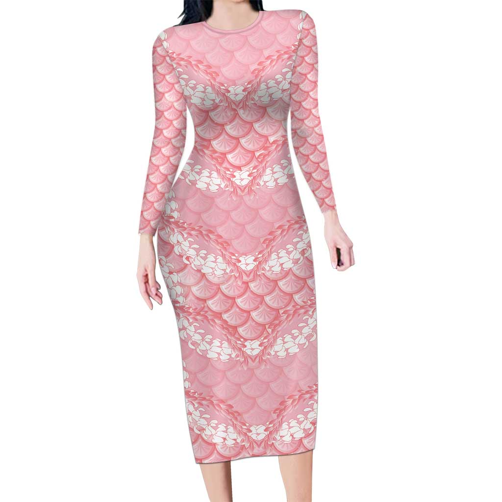 Soft Pink Mermaid Puakenikeni Maile Lei Long Sleeve Bodycon Dress LT01 Long Dress Pink - Polynesian Pride