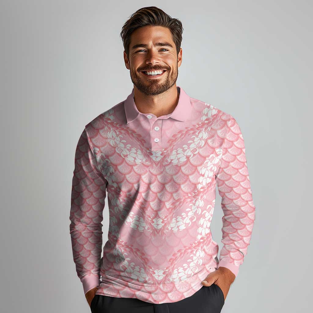 Soft Pink Mermaid Puakenikeni Maile Lei Long Sleeve Polo Shirt LT01 - Polynesian Pride