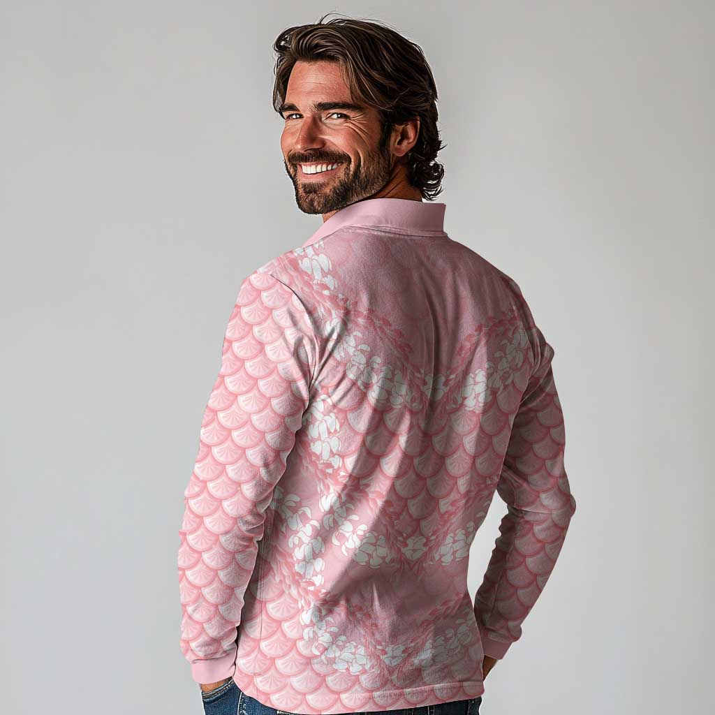 Soft Pink Mermaid Puakenikeni Maile Lei Long Sleeve Polo Shirt LT01 - Polynesian Pride
