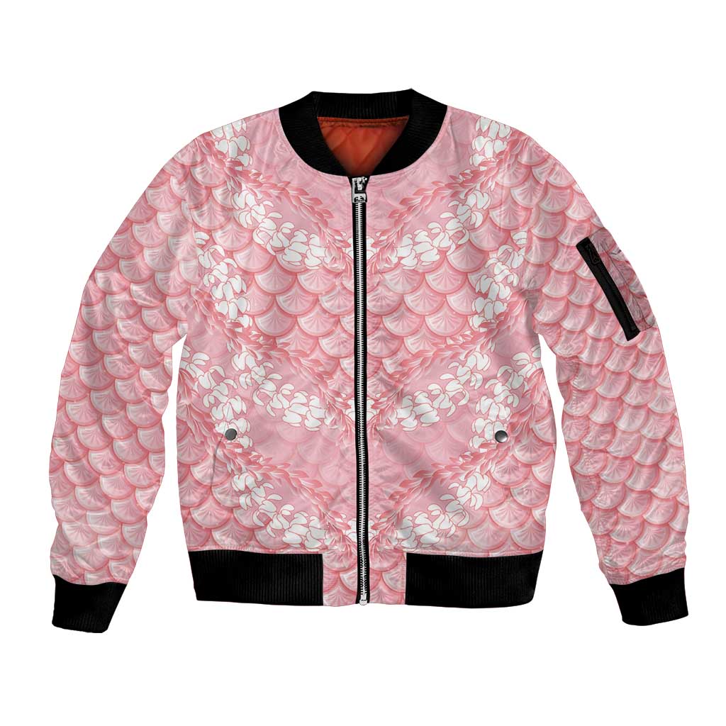 Soft Pink Mermaid Puakenikeni Maile Lei Sleeve Zip Bomber Jacket LT01 Unisex Pink - Polynesian Pride