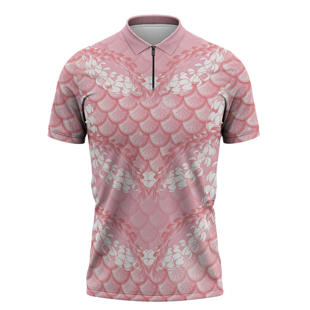 Soft Pink Mermaid Puakenikeni Maile Lei Zipper Polo Shirt