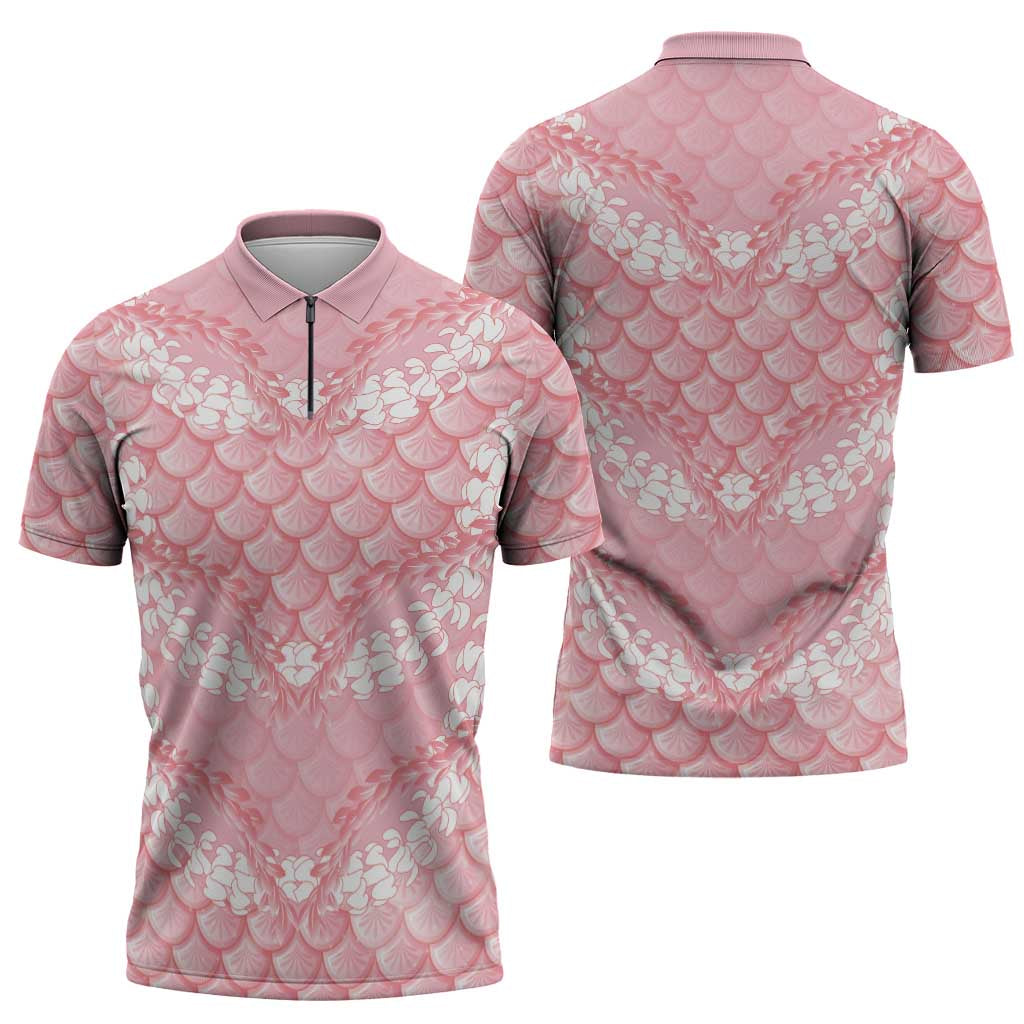 Soft Pink Mermaid Puakenikeni Maile Lei Zipper Polo Shirt