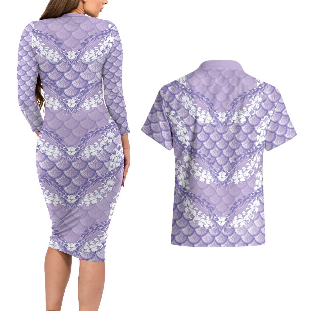 Lilac Mermaid Puakenikeni Maile Lei Couples Matching Long Sleeve Bodycon Dress and Hawaiian Shirt