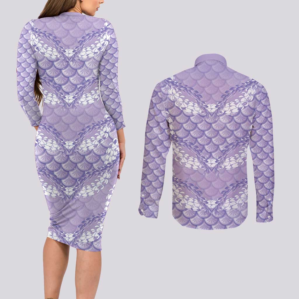 Lilac Mermaid Puakenikeni Maile Lei Couples Matching Long Sleeve Bodycon Dress and Long Sleeve Button Shirt