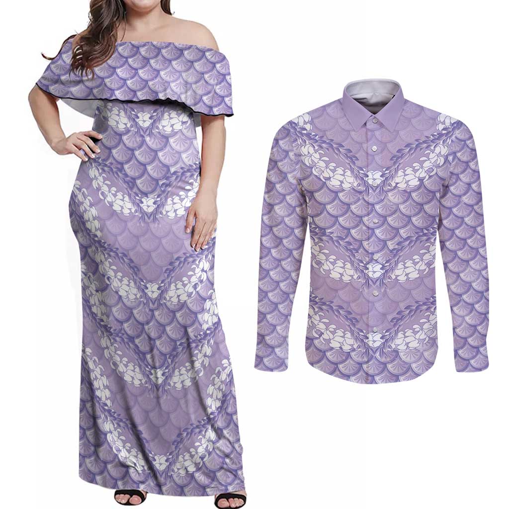 Lilac Mermaid Puakenikeni Maile Lei Couples Matching Off Shoulder Maxi Dress and Long Sleeve Button Shirt
