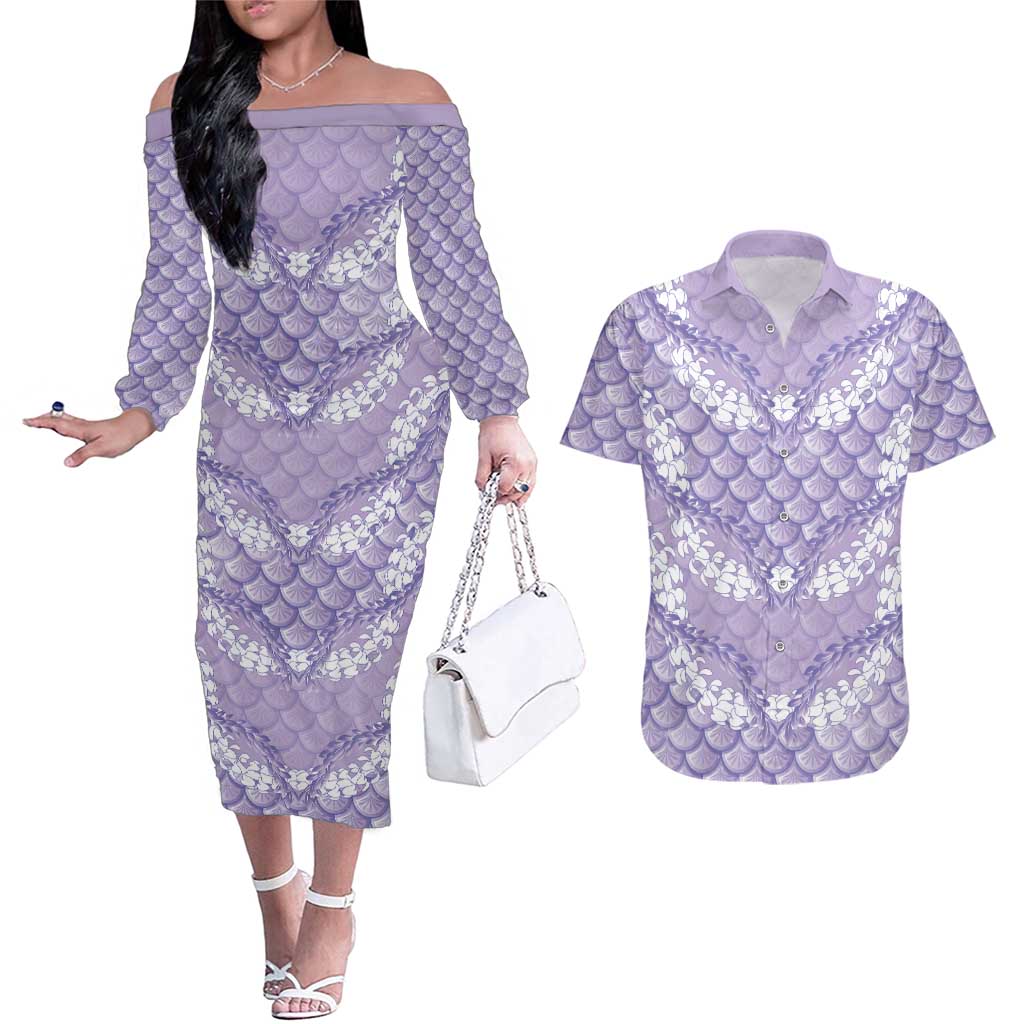 Lilac Mermaid Puakenikeni Maile Lei Couples Matching Off The Shoulder Long Sleeve Dress and Hawaiian Shirt