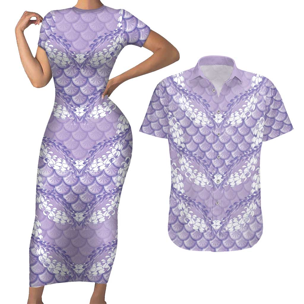 Lilac Mermaid Puakenikeni Maile Lei Couples Matching Short Sleeve Bodycon Dress and Hawaiian Shirt