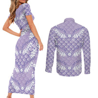Lilac Mermaid Puakenikeni Maile Lei Couples Matching Short Sleeve Bodycon Dress and Long Sleeve Button Shirt
