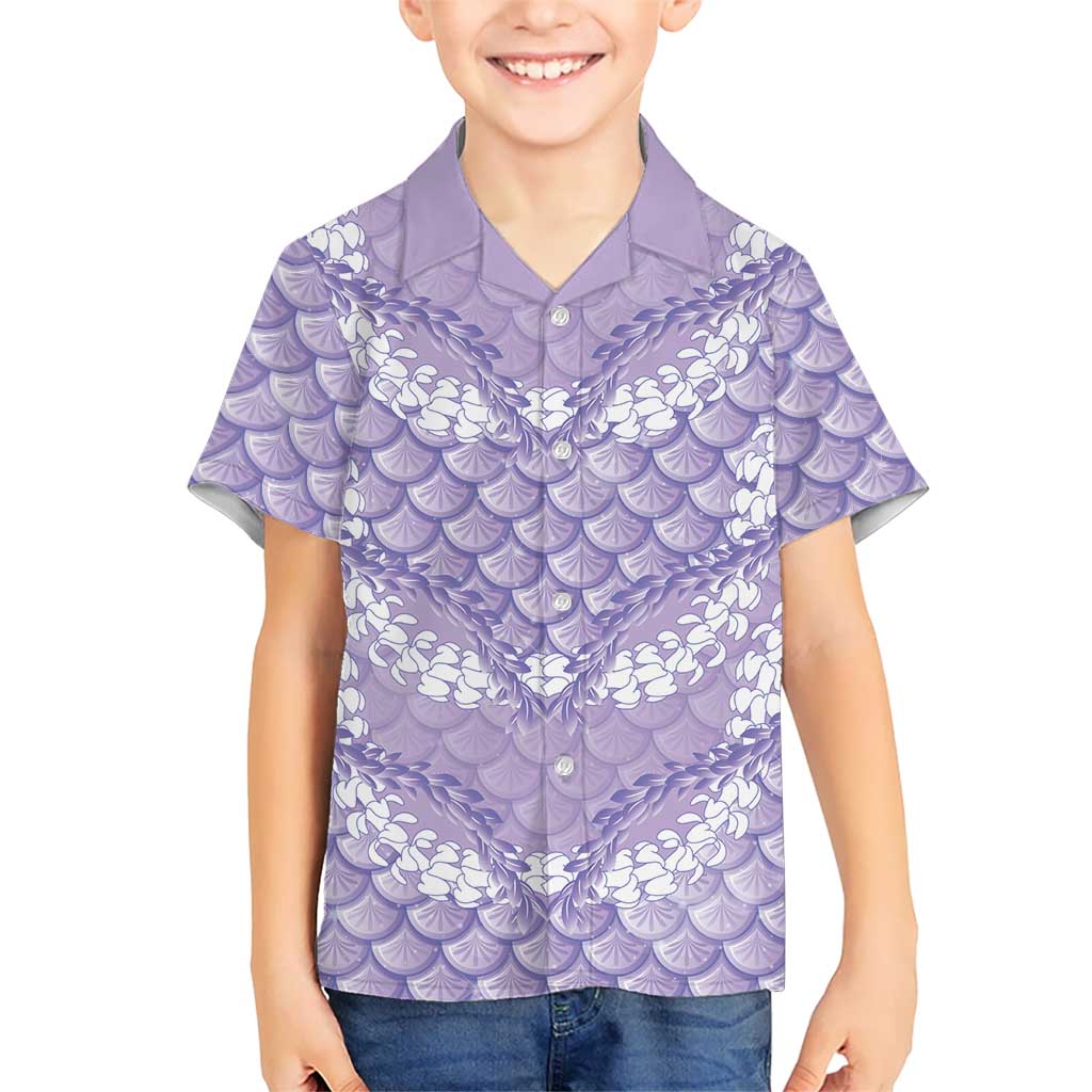 Lilac Mermaid Puakenikeni Maile Lei Family Matching Off The Shoulder Long Sleeve Dress and Hawaiian Shirt