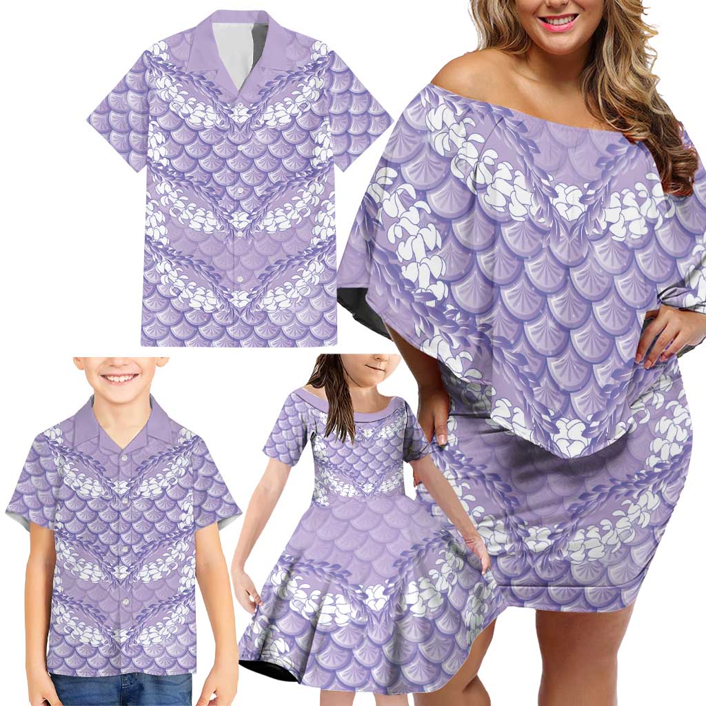 Lilac Mermaid Puakenikeni Maile Lei Family Matching Off Shoulder Short Dress and Hawaiian Shirt