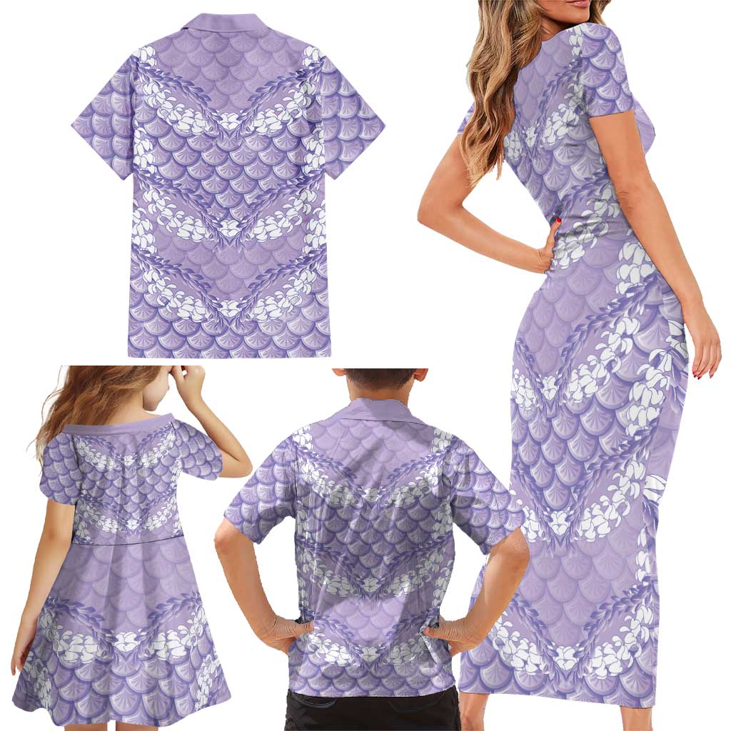 Lilac Mermaid Puakenikeni Maile Lei Family Matching Short Sleeve Bodycon Dress and Hawaiian Shirt
