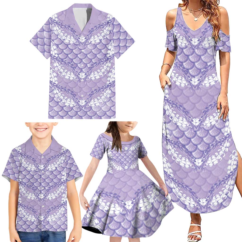 Lilac Mermaid Puakenikeni Maile Lei Family Matching Summer Maxi Dress and Hawaiian Shirt