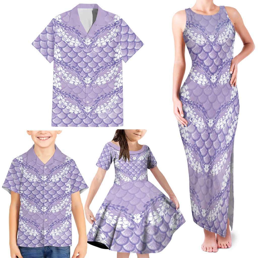 Lilac Mermaid Puakenikeni Maile Lei Family Matching Tank Maxi Dress and Hawaiian Shirt