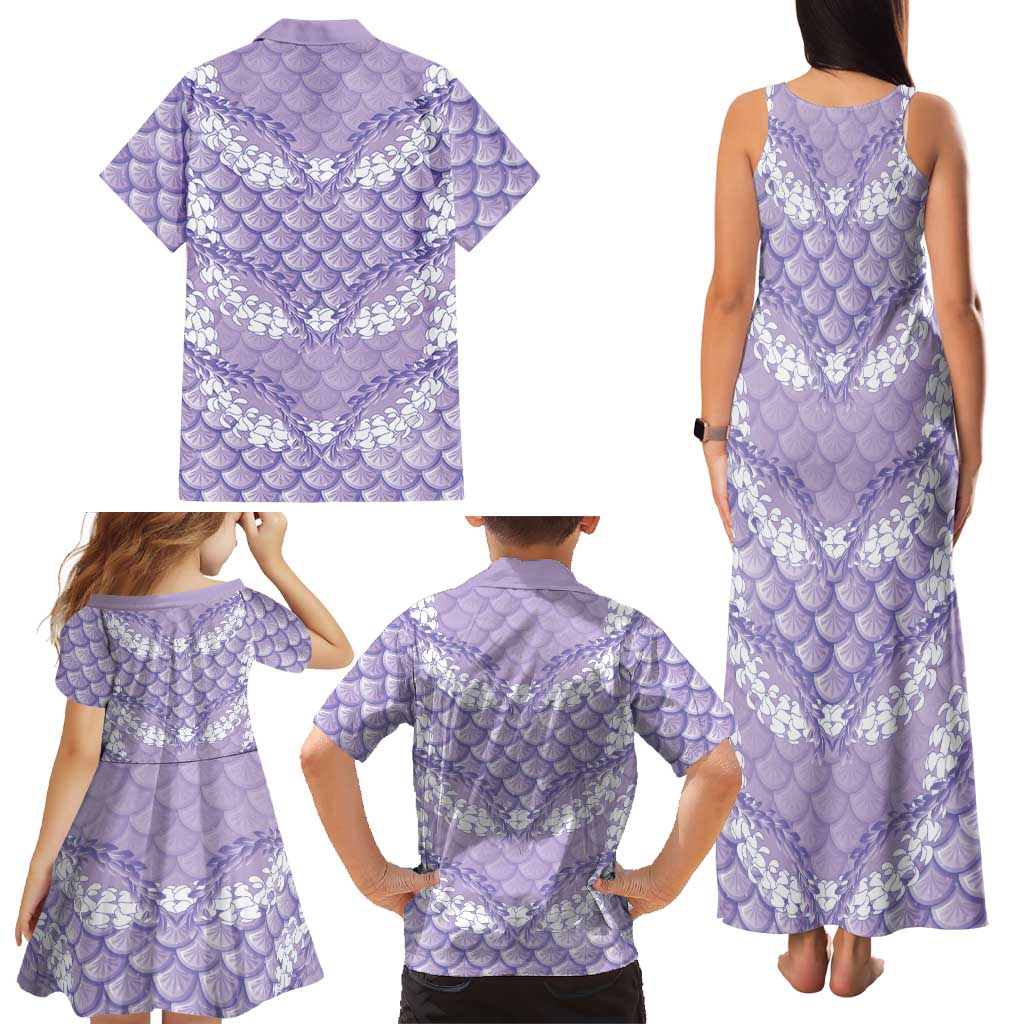 Lilac Mermaid Puakenikeni Maile Lei Family Matching Tank Maxi Dress and Hawaiian Shirt
