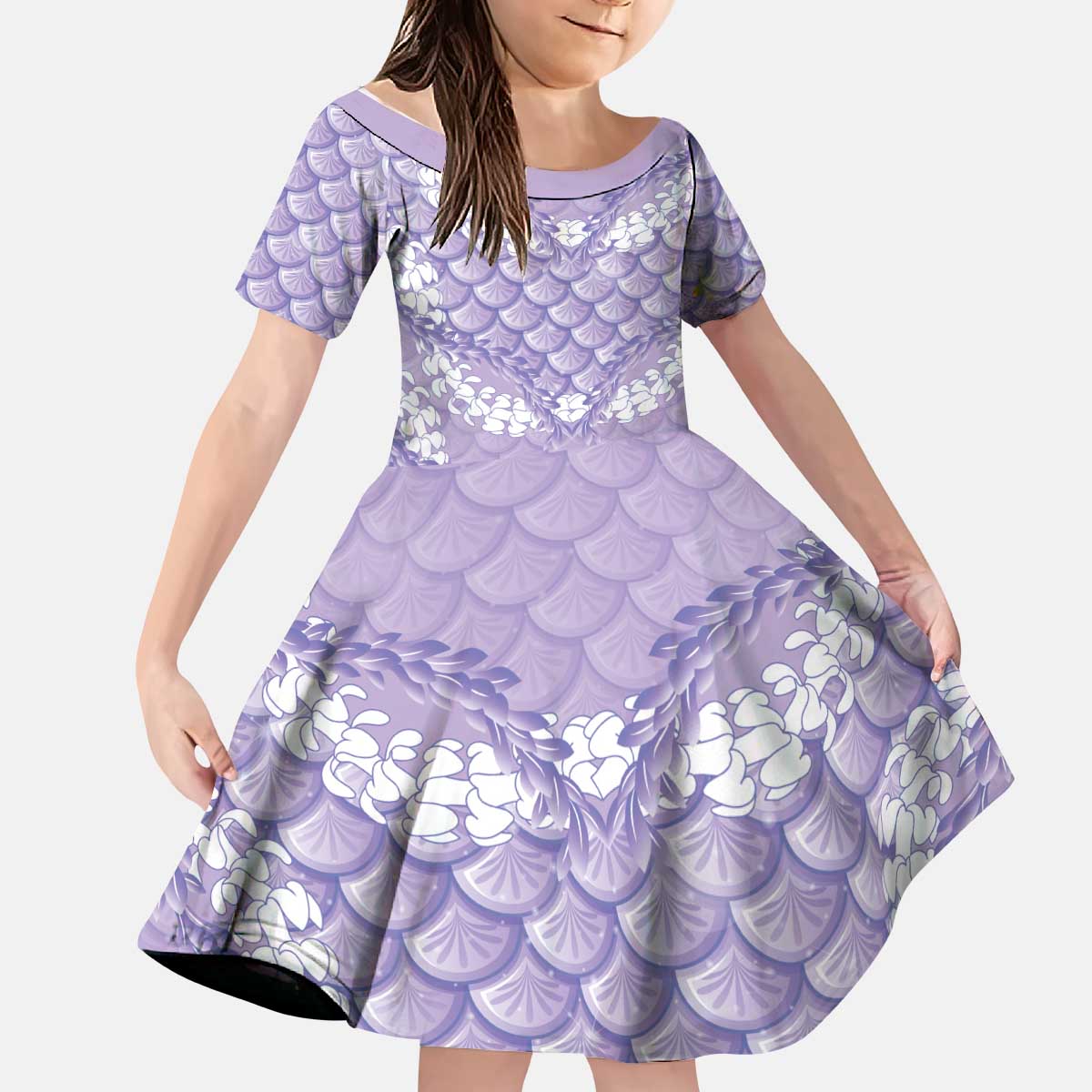 Lilac Mermaid Puakenikeni Maile Lei Kid Short Sleeve Dress LT01 KID Purple - Polynesian Pride
