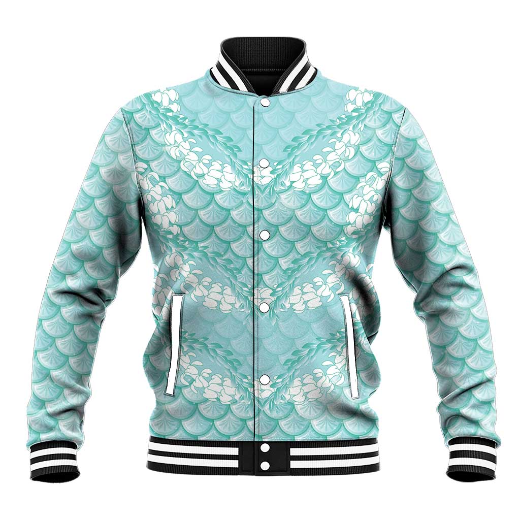 Light Turquoise Mermaid Puakenikeni Maile Lei Baseball Jacket