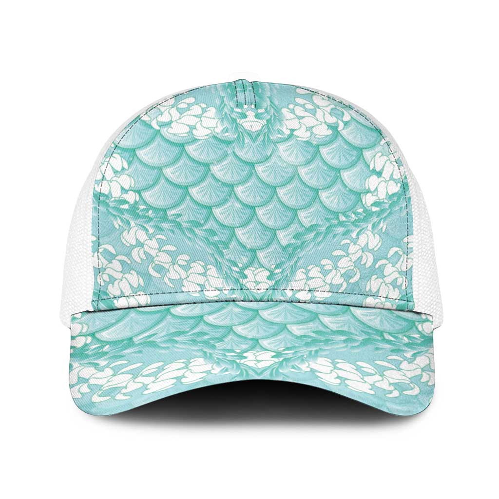 Light Turquoise Mermaid Puakenikeni Maile Lei Baseball Net Cap LT01 One Size White Turquoise - Polynesian Pride