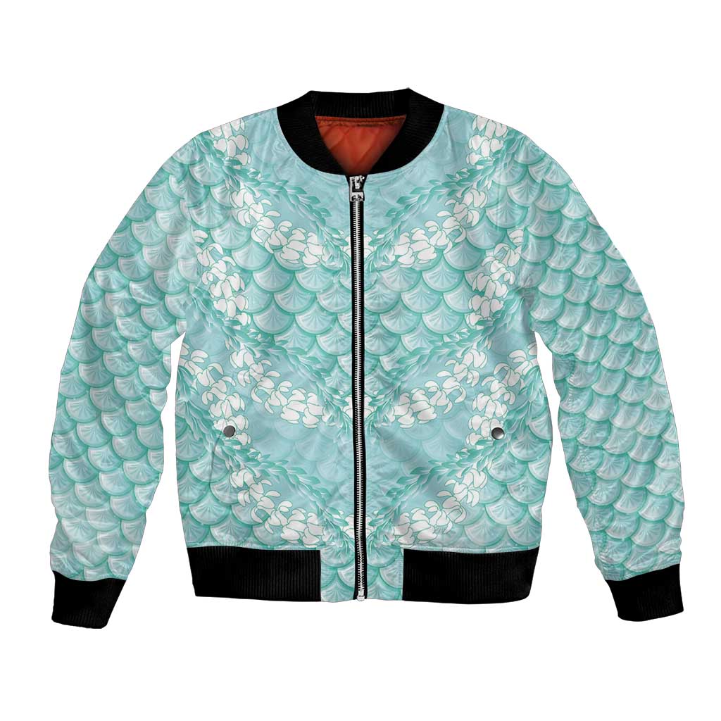Light Turquoise Mermaid Puakenikeni Maile Lei Bomber Jacket LT01 Unisex Turquoise - Polynesian Pride