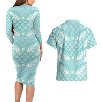 Light Turquoise Mermaid Puakenikeni Maile Lei Couples Matching Long Sleeve Bodycon Dress and Hawaiian Shirt