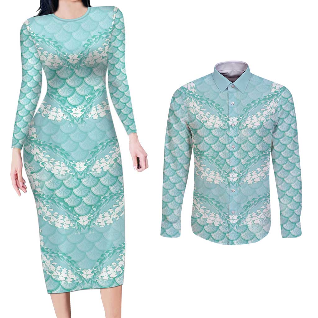 Light Turquoise Mermaid Puakenikeni Maile Lei Couples Matching Long Sleeve Bodycon Dress and Long Sleeve Button Shirt