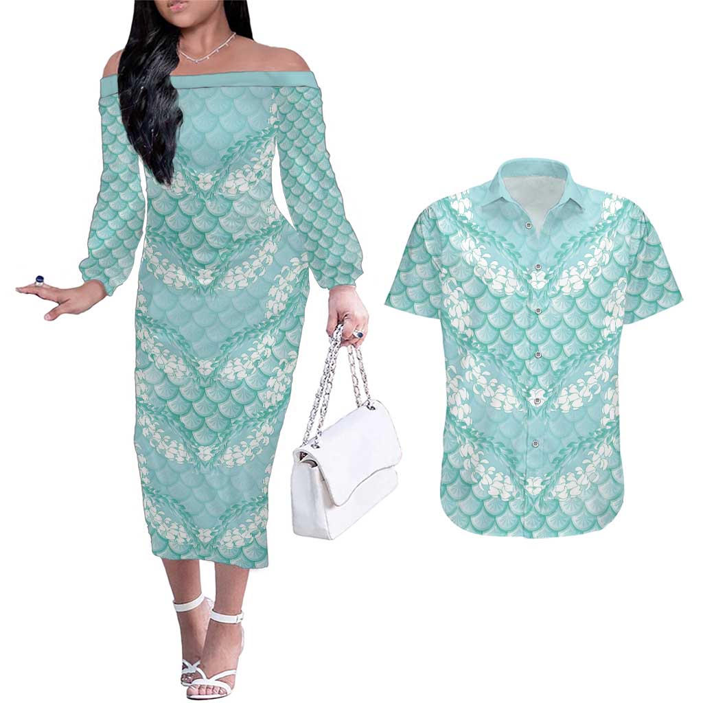 Light Turquoise Mermaid Puakenikeni Maile Lei Couples Matching Off The Shoulder Long Sleeve Dress and Hawaiian Shirt