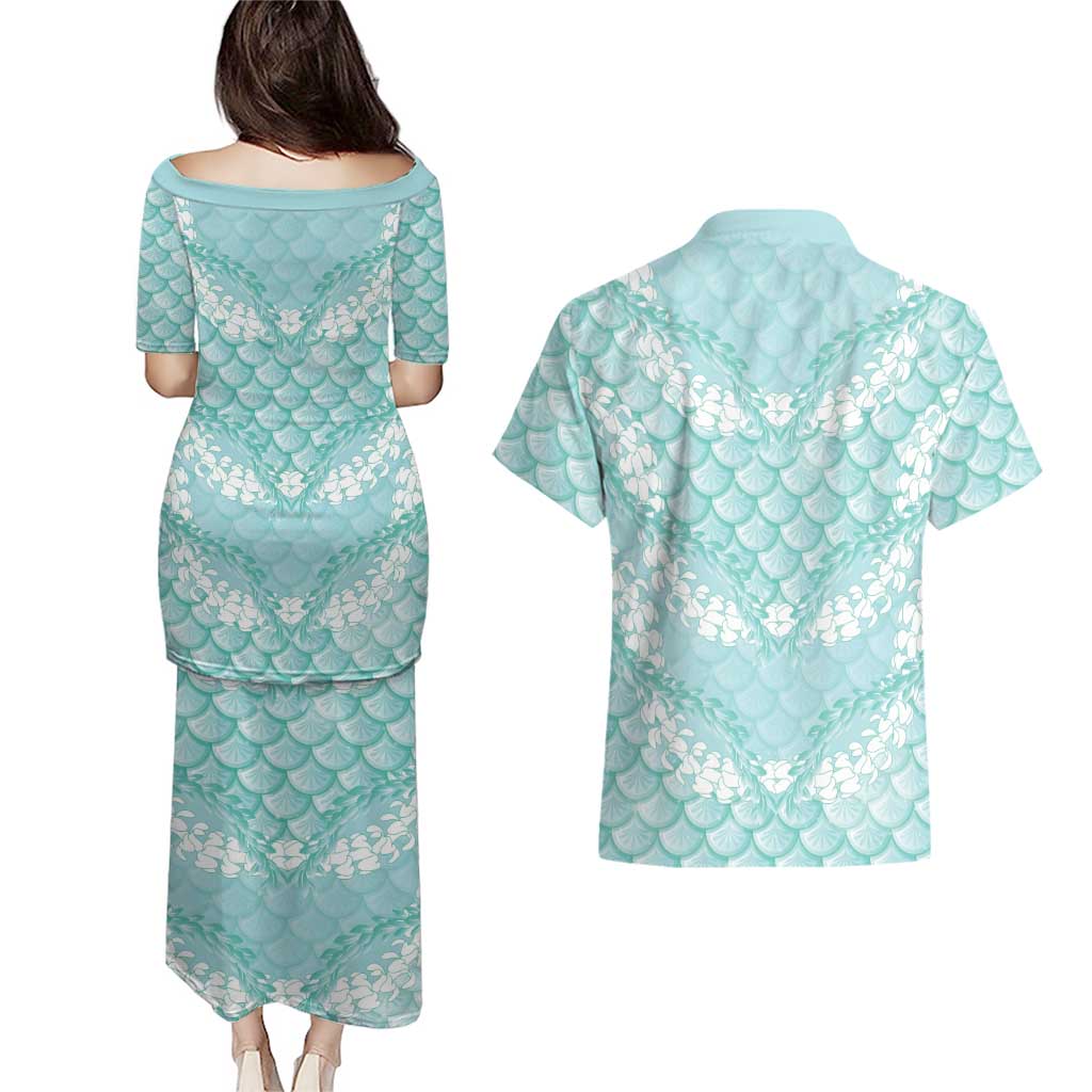 Light Turquoise Mermaid Puakenikeni Maile Lei Couples Matching Puletasi and Hawaiian Shirt LT01 - Polynesian Pride