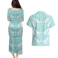 Light Turquoise Mermaid Puakenikeni Maile Lei Couples Matching Puletasi and Hawaiian Shirt LT01 - Polynesian Pride