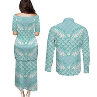 Light Turquoise Mermaid Puakenikeni Maile Lei Couples Matching Puletasi and Long Sleeve Button Shirt LT01 - Polynesian Pride