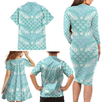 Light Turquoise Mermaid Puakenikeni Maile Lei Family Matching Long Sleeve Bodycon Dress and Hawaiian Shirt