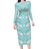 Light Turquoise Mermaid Puakenikeni Maile Lei Family Matching Long Sleeve Bodycon Dress and Hawaiian Shirt