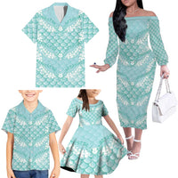 Light Turquoise Mermaid Puakenikeni Maile Lei Family Matching Off The Shoulder Long Sleeve Dress and Hawaiian Shirt