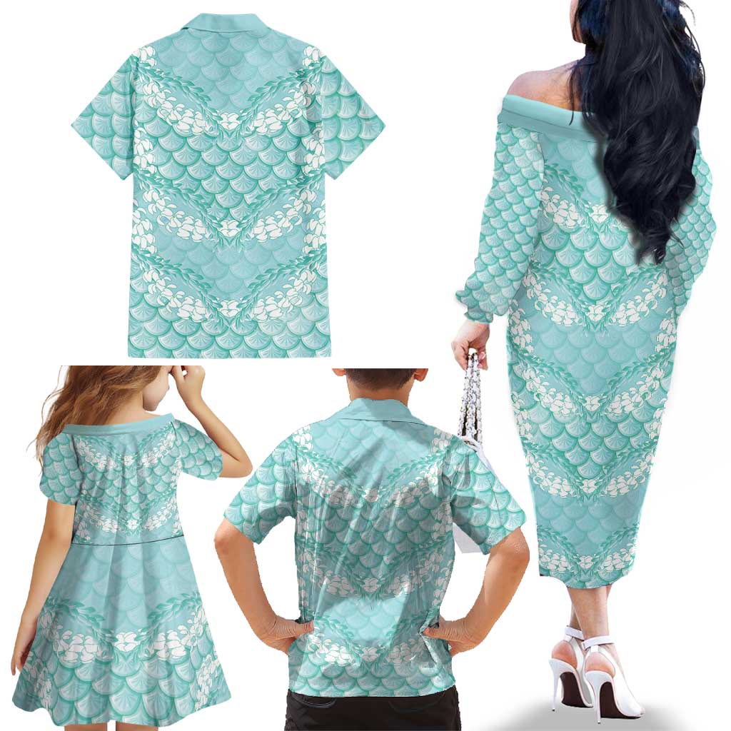 Light Turquoise Mermaid Puakenikeni Maile Lei Family Matching Off The Shoulder Long Sleeve Dress and Hawaiian Shirt