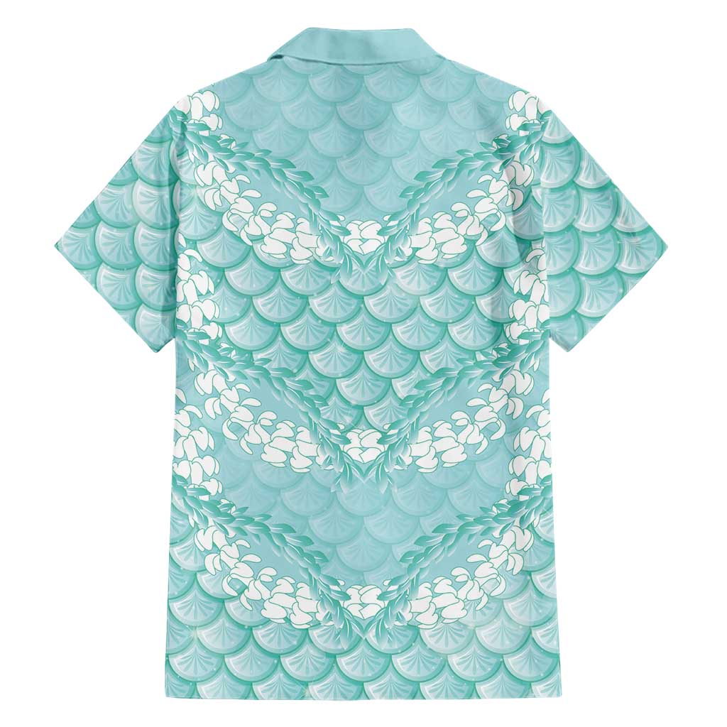 Light Turquoise Mermaid Puakenikeni Maile Lei Family Matching Off The Shoulder Long Sleeve Dress and Hawaiian Shirt
